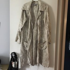 ALEXIA VON BECK Cream/Tan Floral Damask Linen Open Front Jacket Coat L